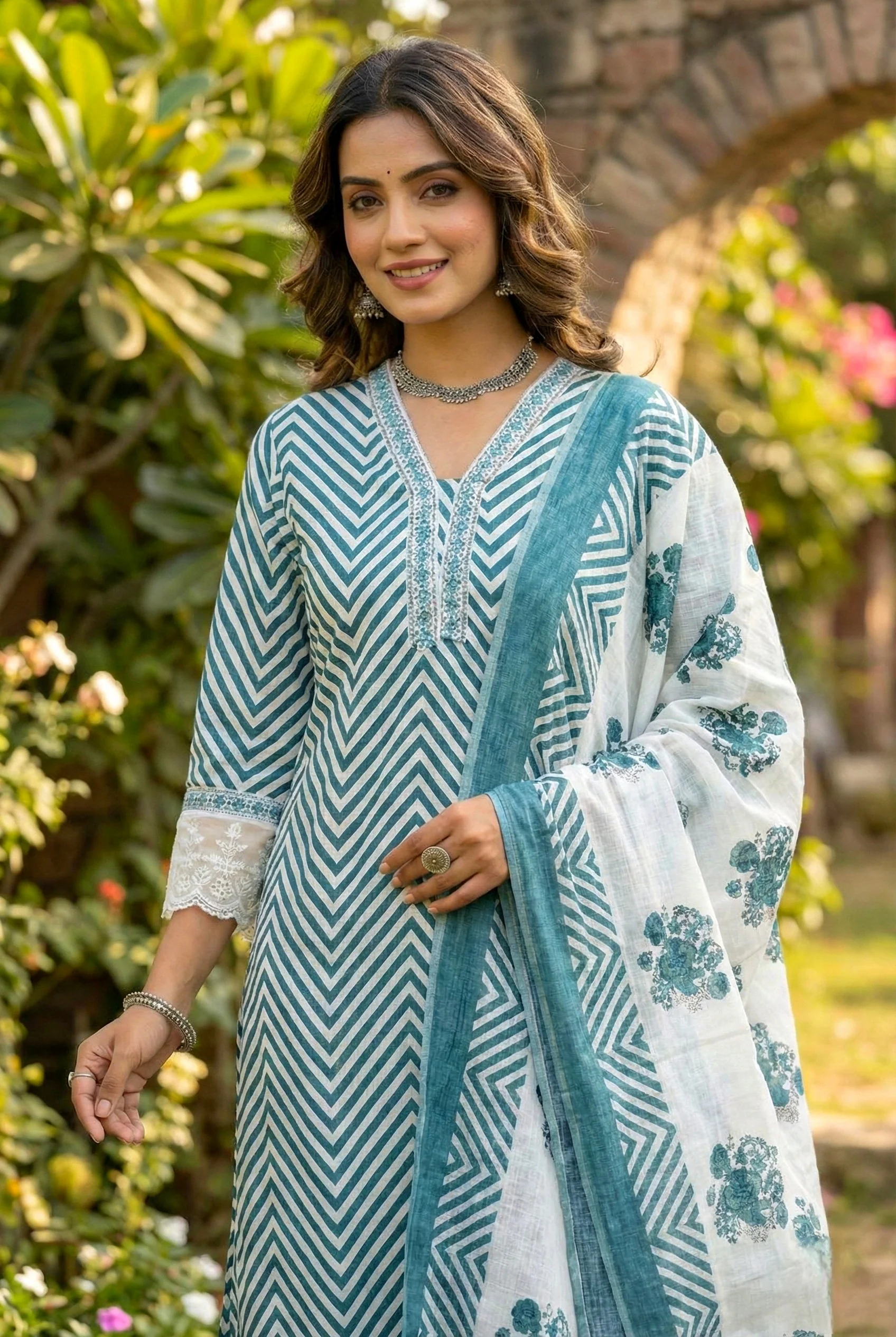 Teal Blue Cotton Chevron Printed Three Piece Set - Image 6