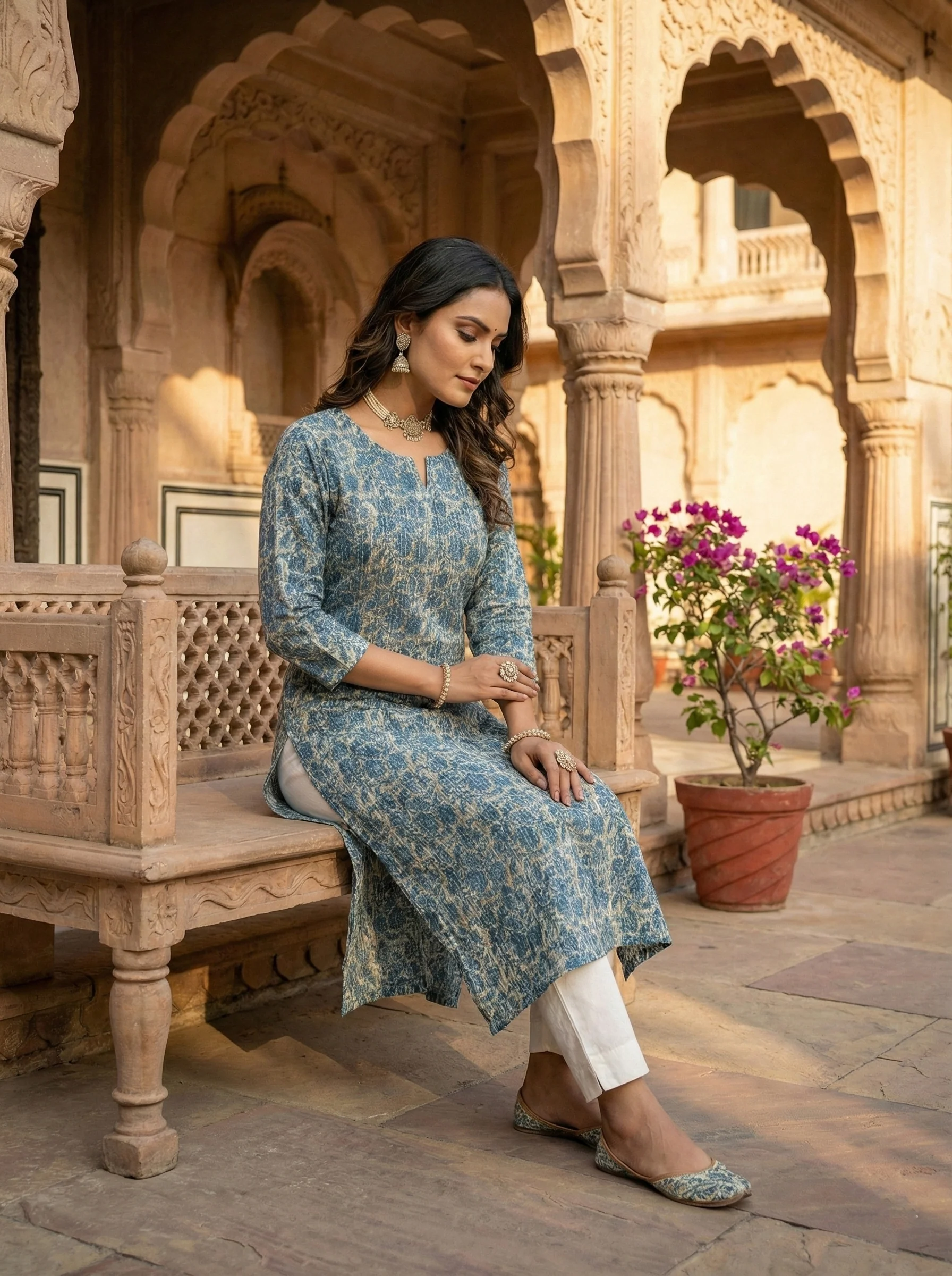 Teal Blue Cotton Digital Print Kurta - Image 3