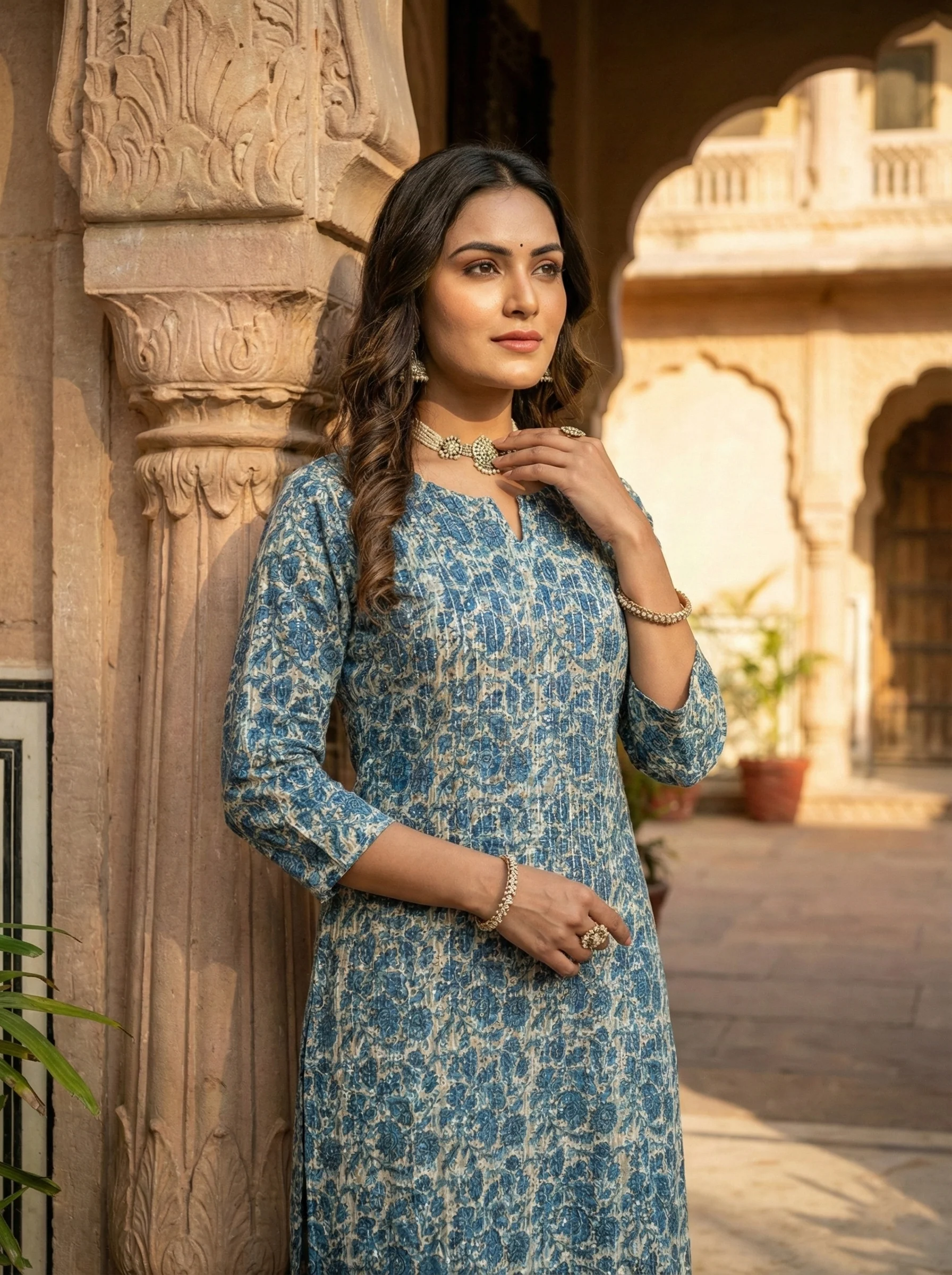 Teal Blue Cotton Digital Print Kurta - Image 5