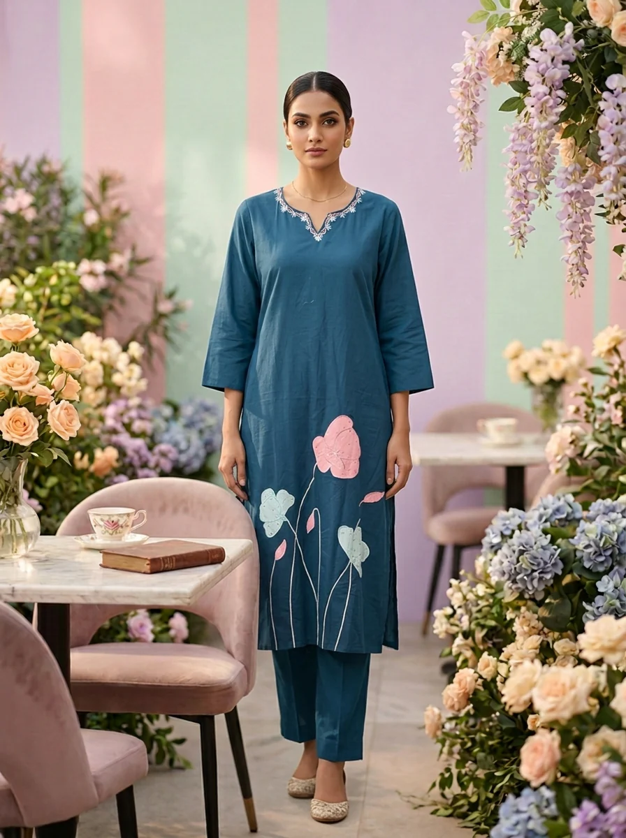 Teal Blue Cotton Floral Embroidery Two Piece Set