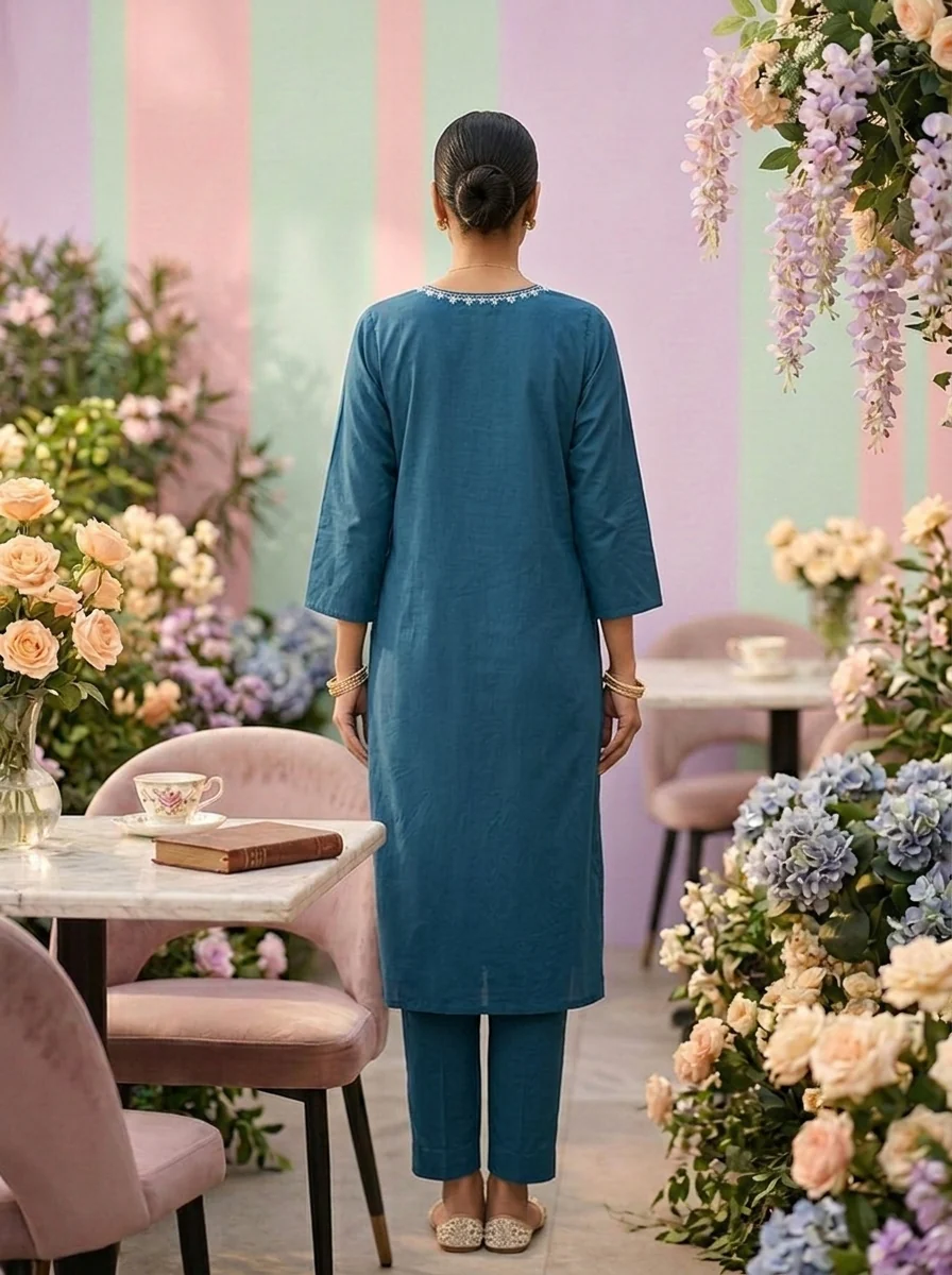 Teal Blue Cotton Floral Embroidery Two Piece Set - Image 2