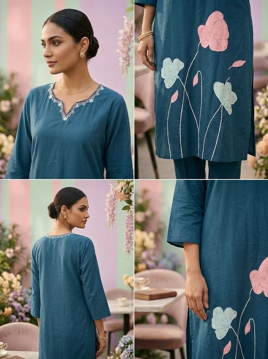 Teal Blue Cotton Floral Embroidery Two Piece Set - Image 3
