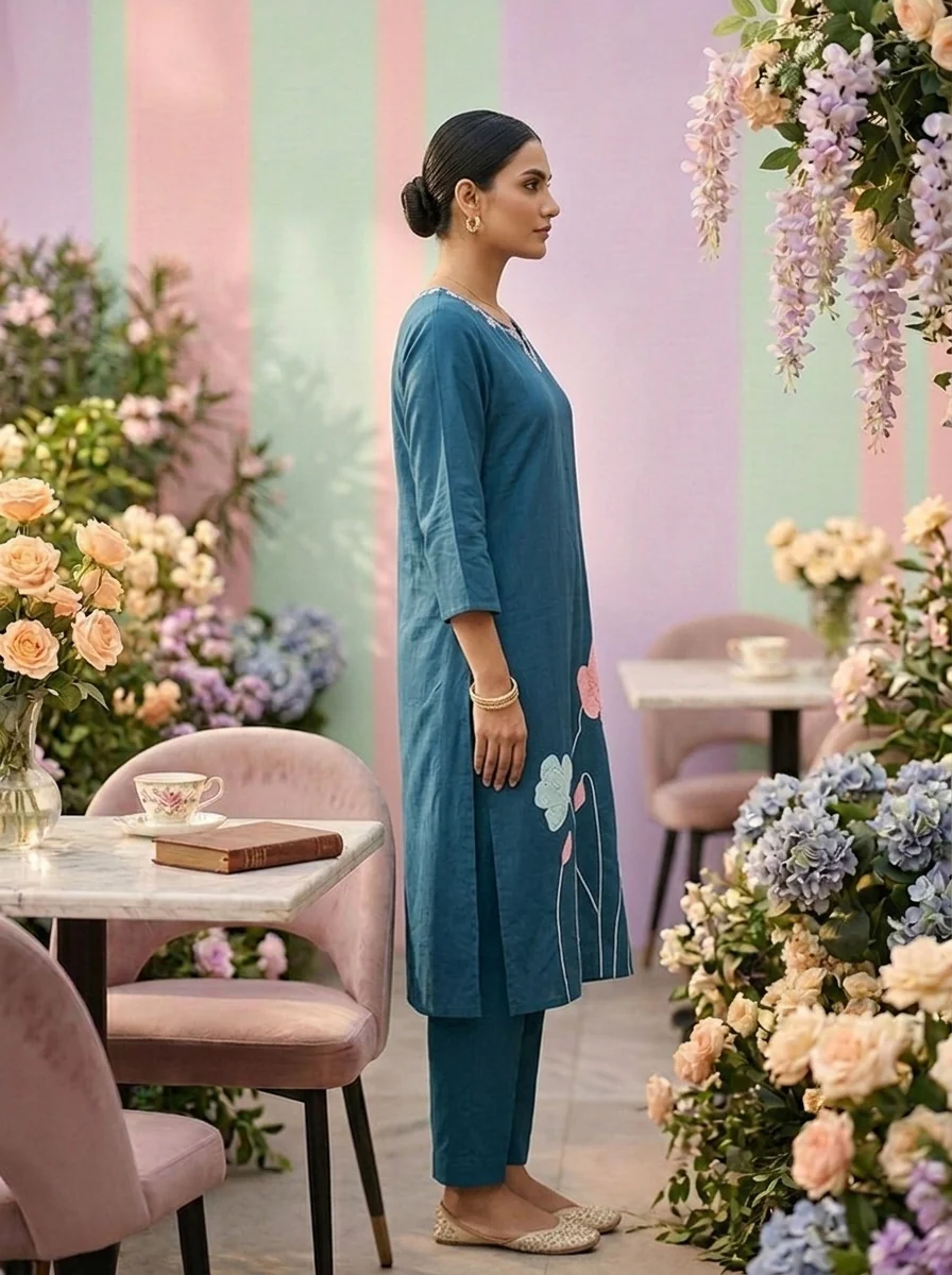Teal Blue Cotton Floral Embroidery Two Piece Set - Image 4