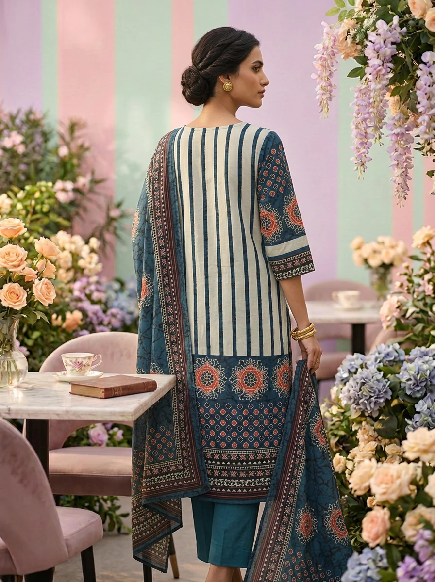 Teal Blue Cotton Printed Three Piece Set - Image 2