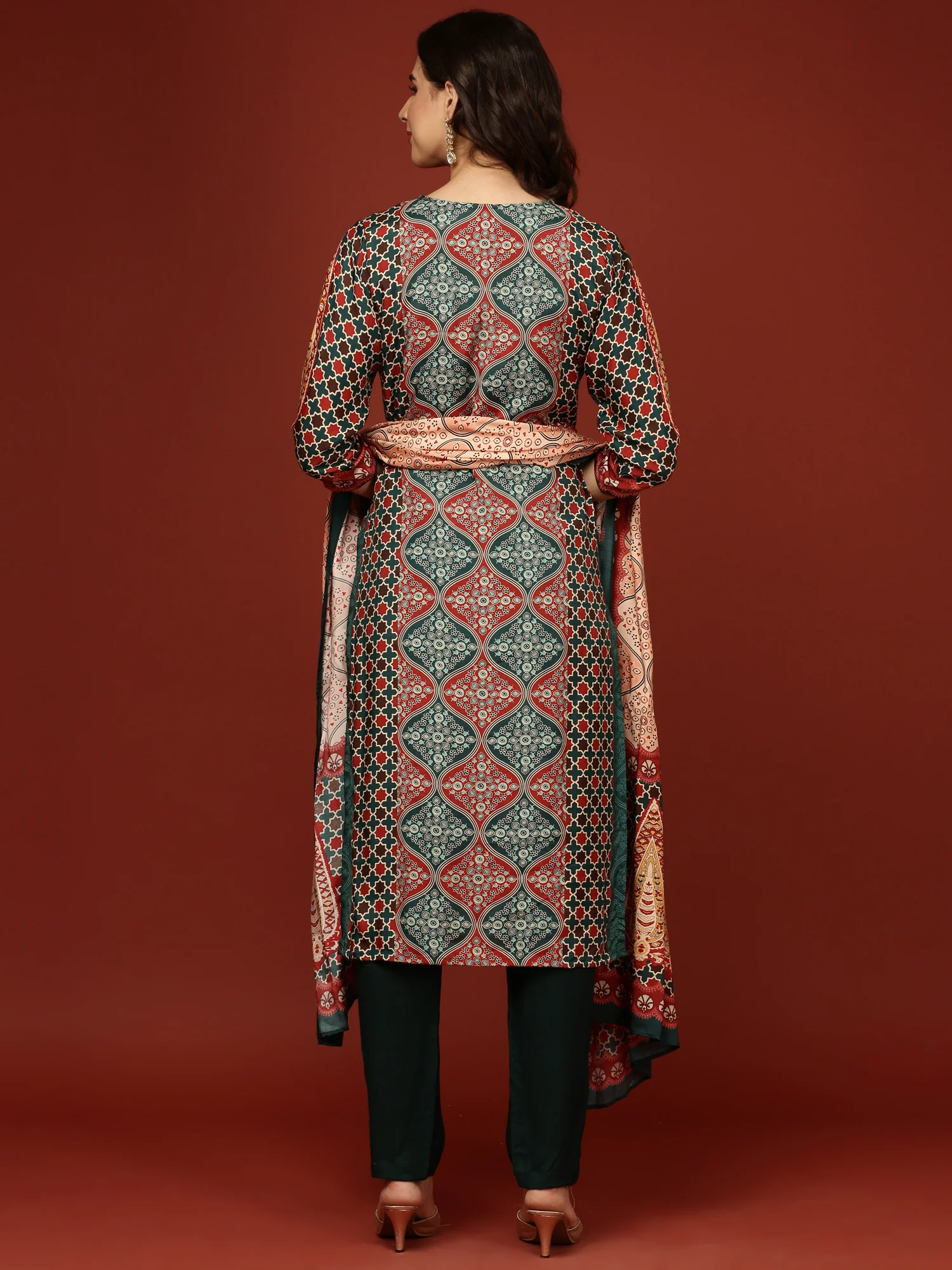 Teal Blue Crepe Printed Three Piece Set - Image 5
