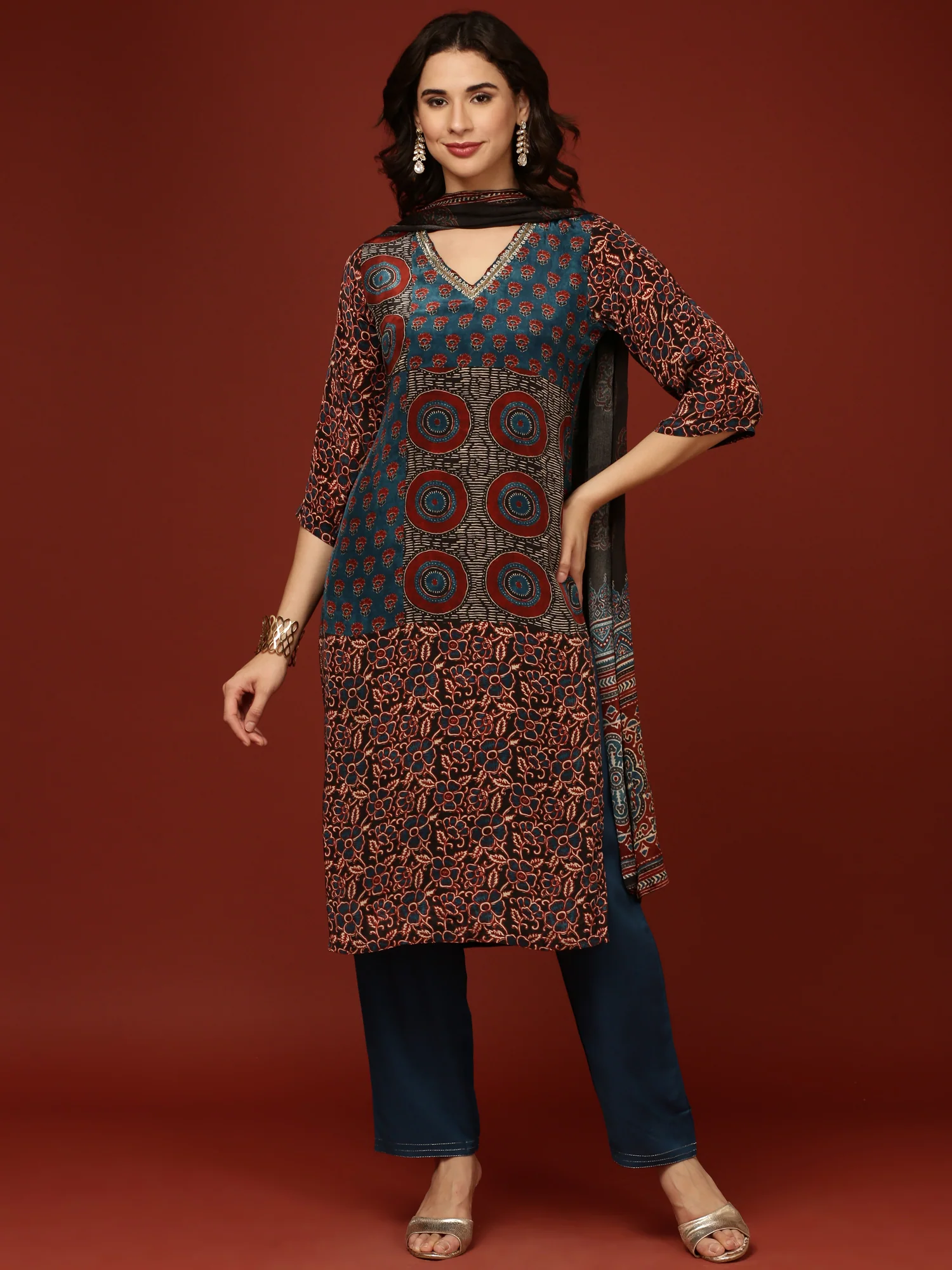 Teal Blue Crepe Printed Three Piece Set