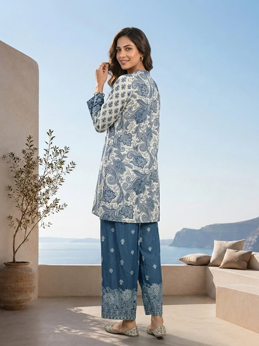 Teal Blue Paisley And Floral Printed Crepe Two Piece Set - Image 2