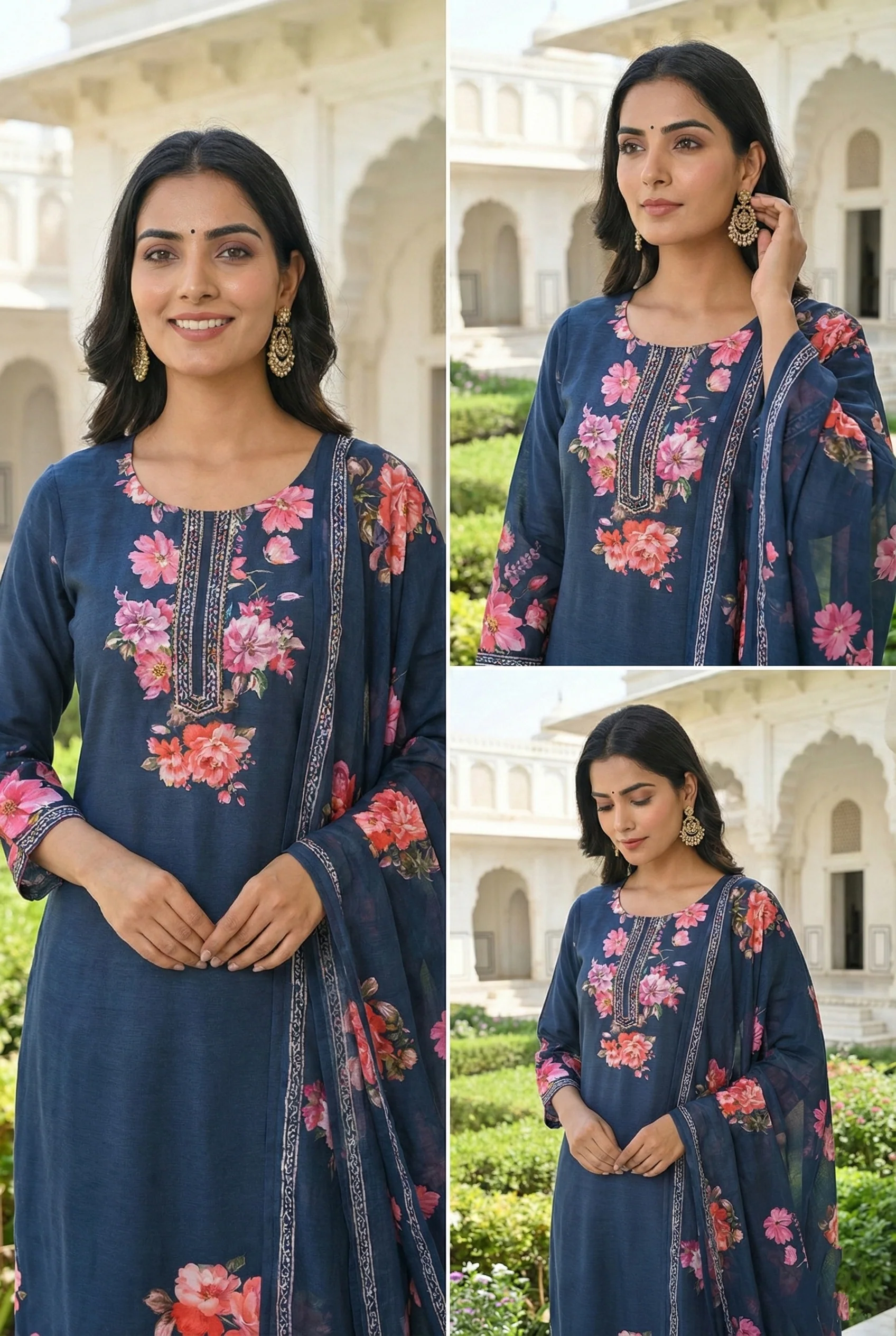 Teal Blue Silk Floral Digital Print Three Piece Set - Image 5