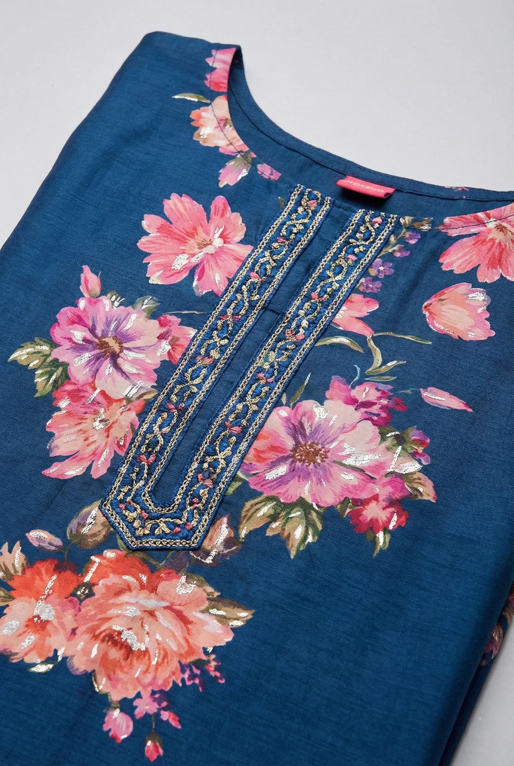 Teal Blue Silk Floral Digital Print Three Piece Set - Image 7