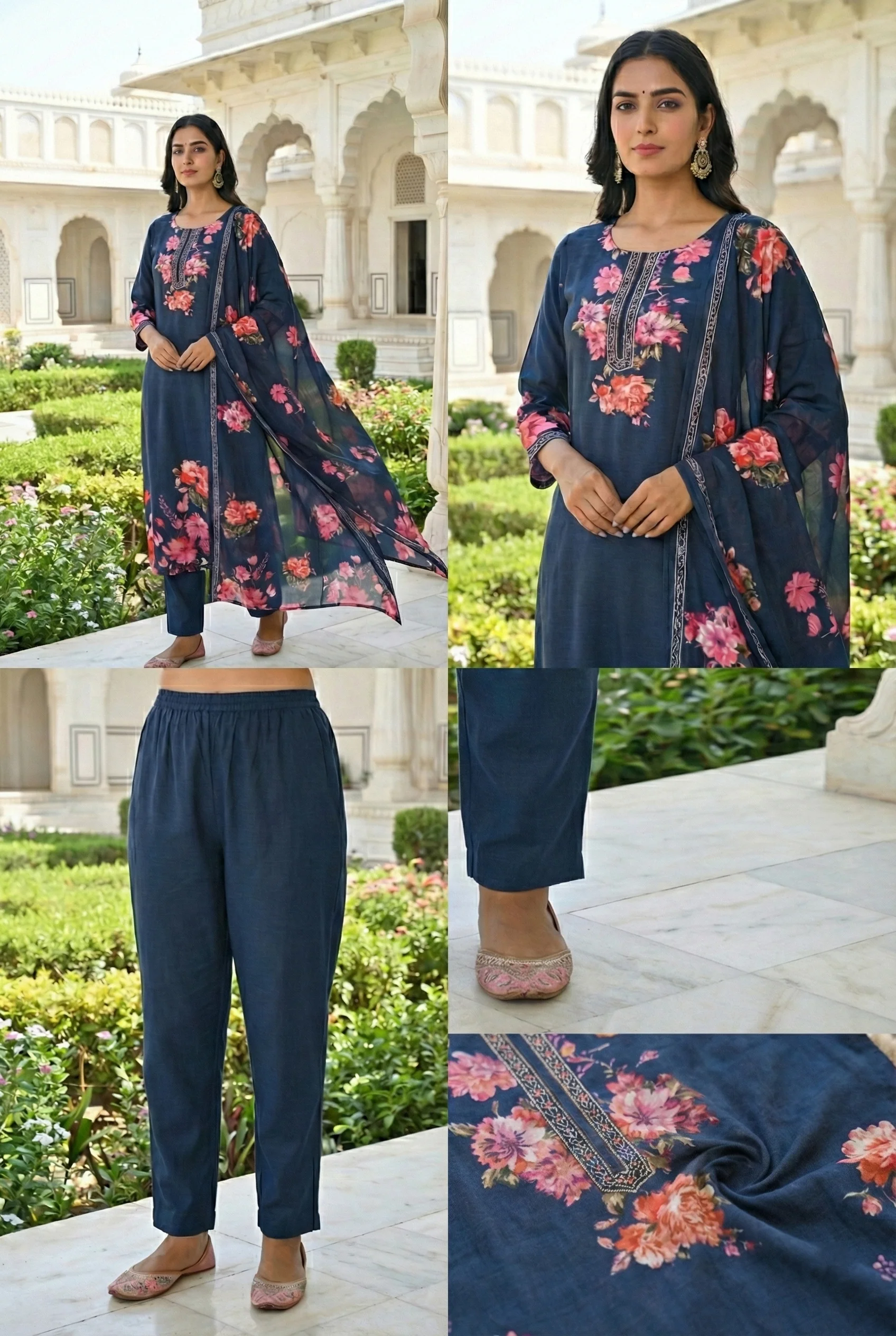 Teal Blue Silk Floral Digital Print Three Piece Set - Image 8