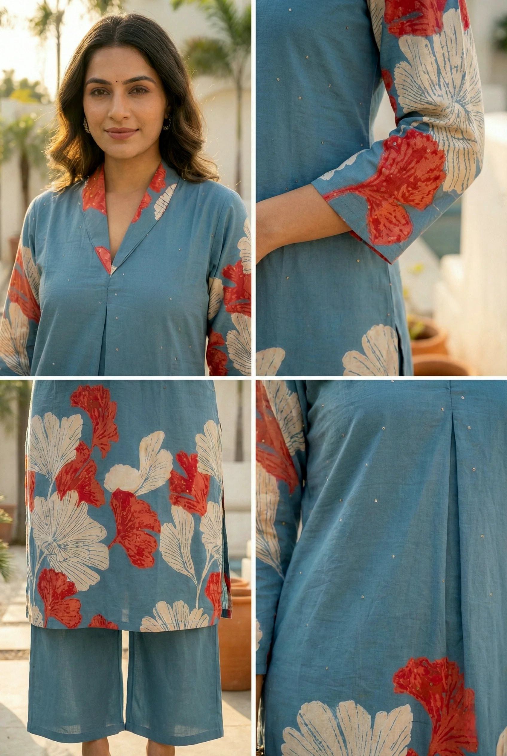 Teal Cotton Digital Printed Two Piece Set - Image 4