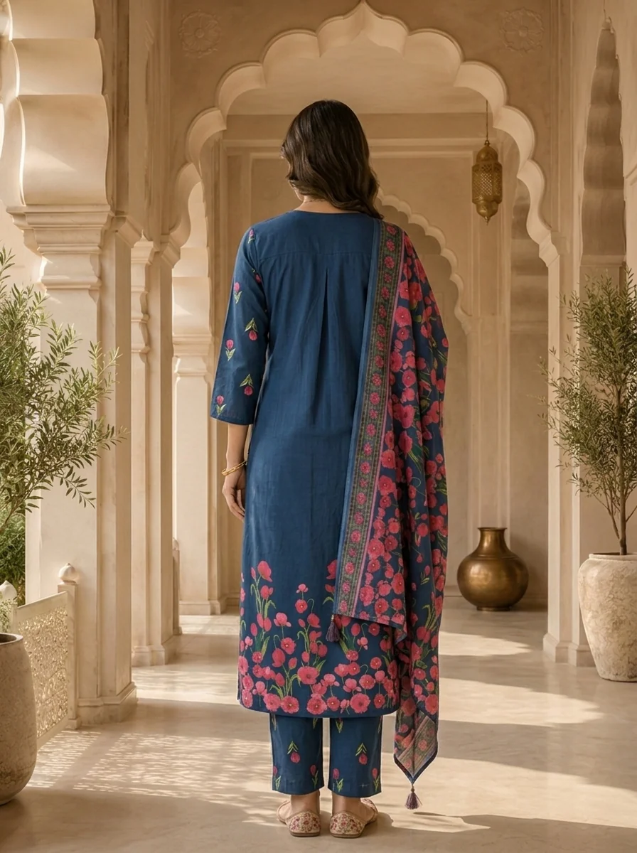 Teal Cotton Floral Embroidered Three Piece Set - Image 3