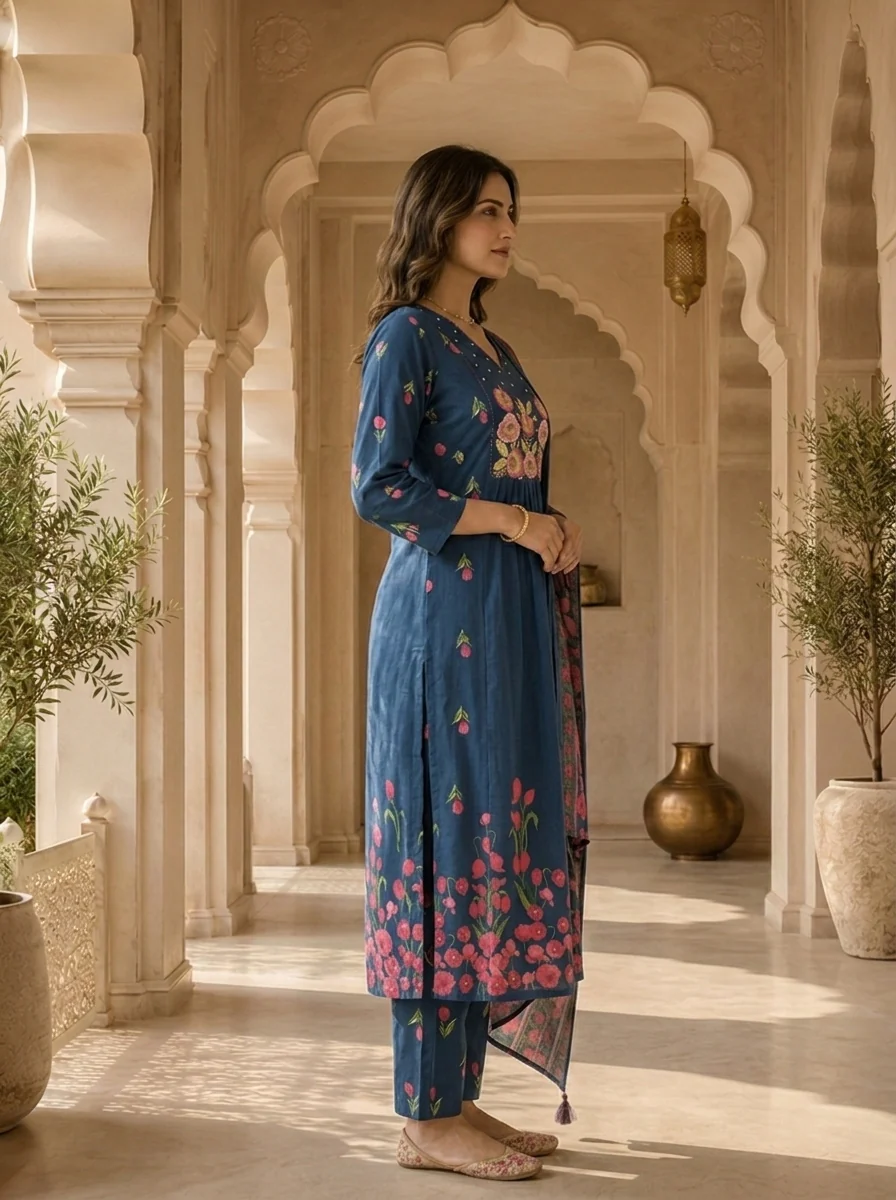 Teal Cotton Floral Embroidered Three Piece Set - Image 4