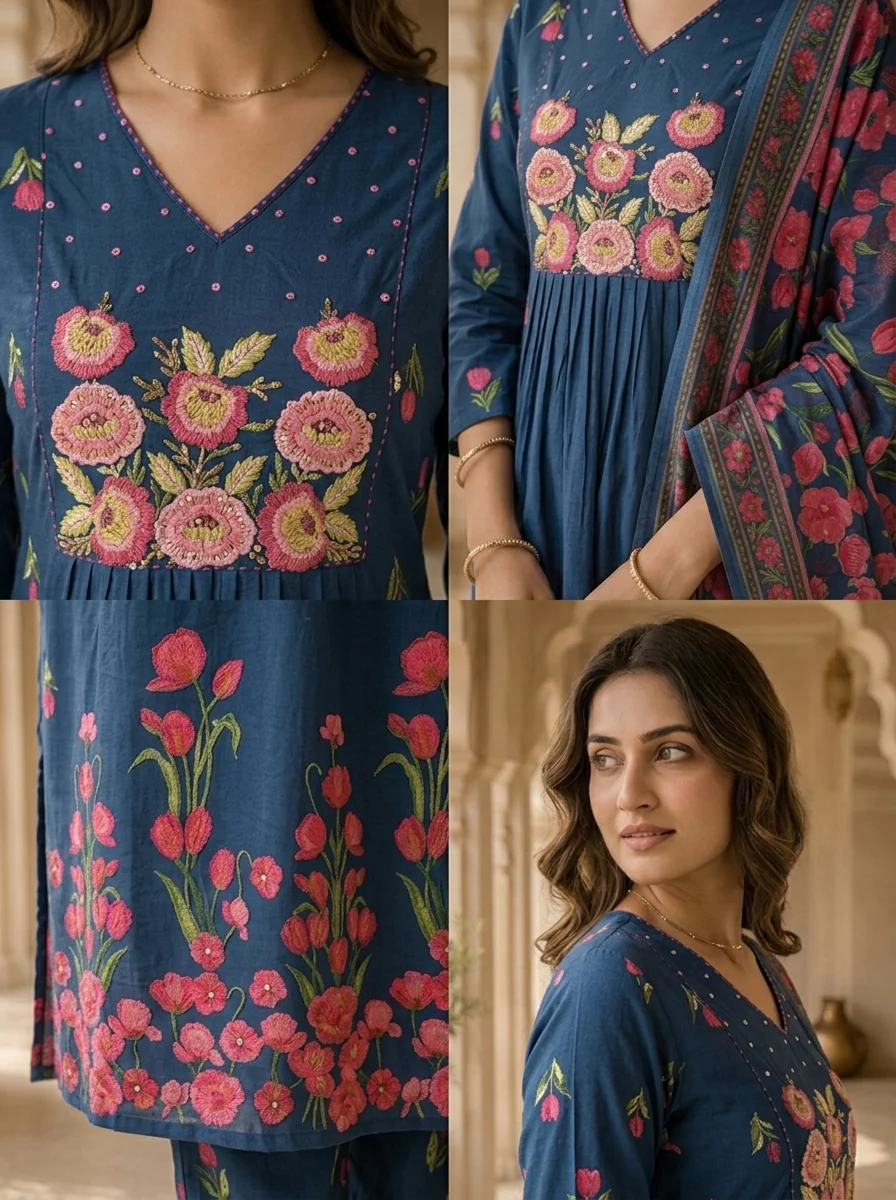 Teal Cotton Floral Embroidered Three Piece Set - Image 5