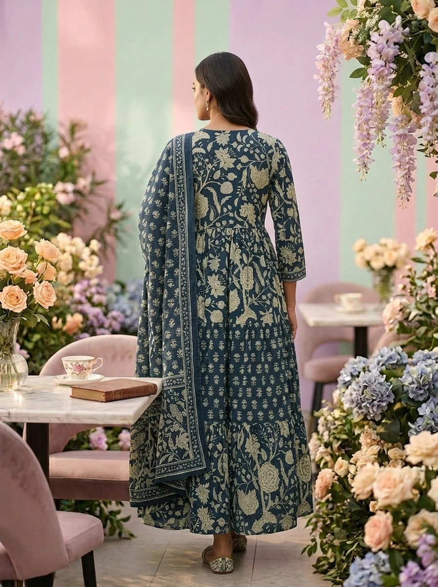Teal Cotton Floral Printed Two Piece Set - Image 2