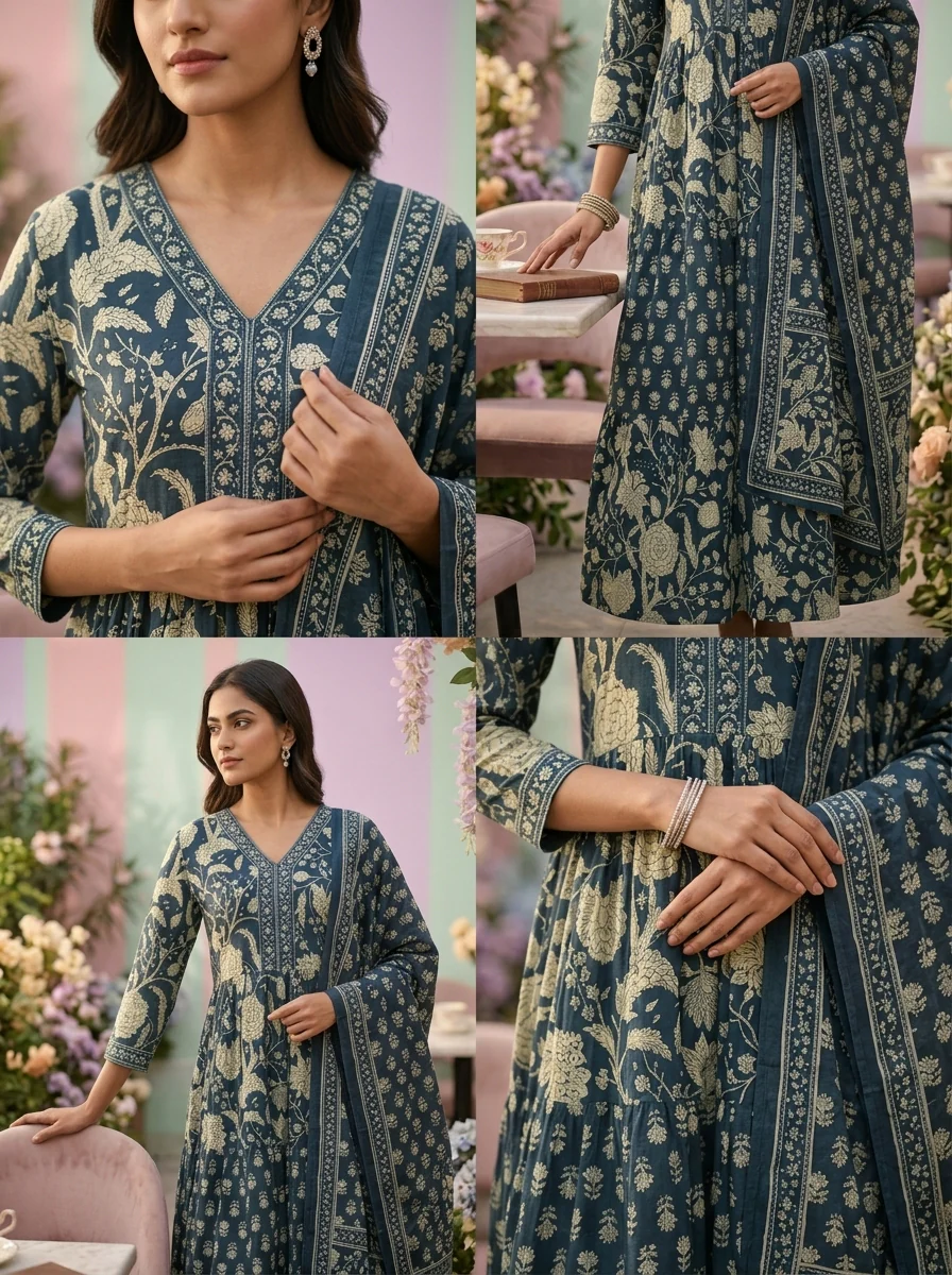 Teal Cotton Floral Printed Two Piece Set - Image 3