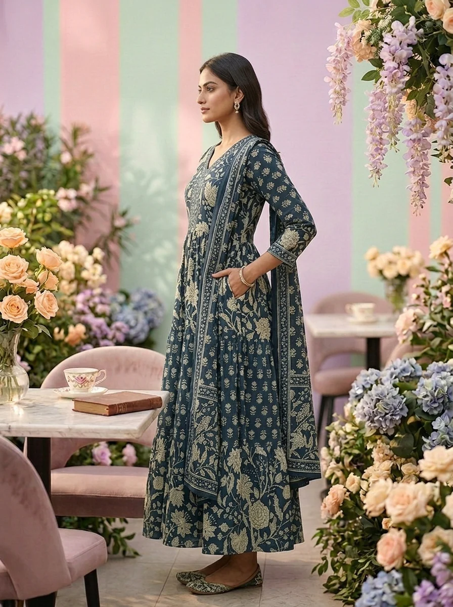 Teal Cotton Floral Printed Two Piece Set - Image 4