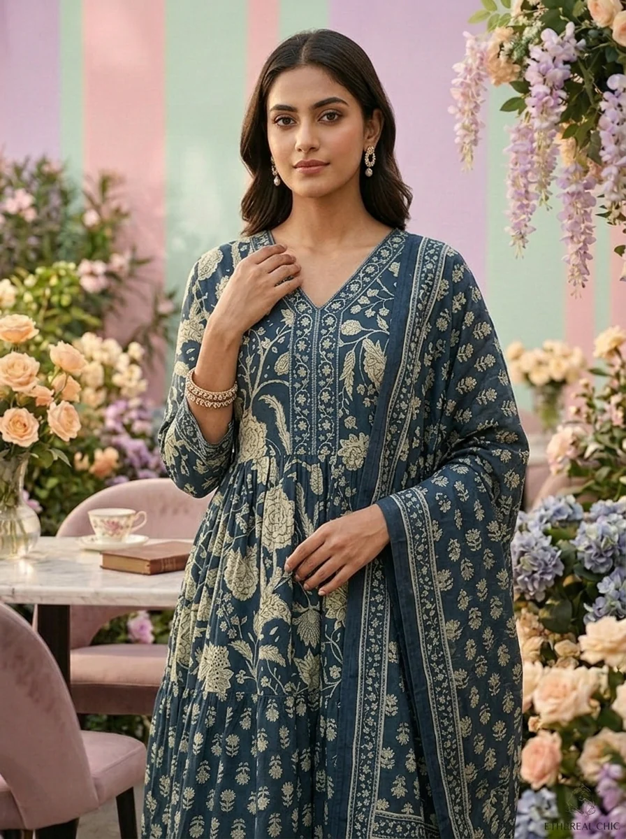Teal Cotton Floral Printed Two Piece Set - Image 5