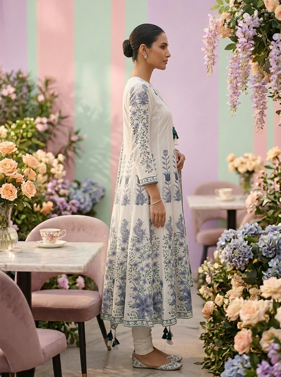Teal Cotton Floral Printed Three Piece Set - Image 2