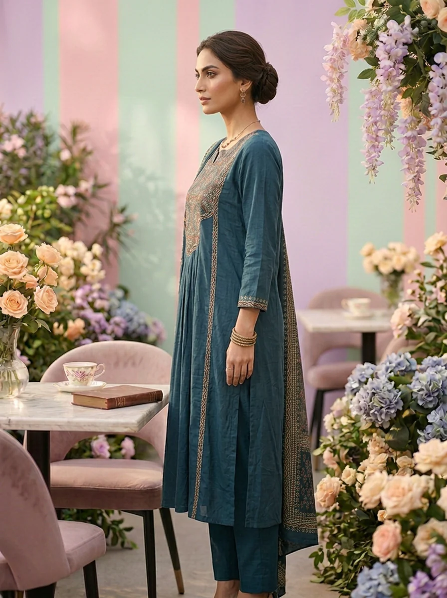 Teal Cotton Floral Thread Embroidery Three Piece Set - Image 2