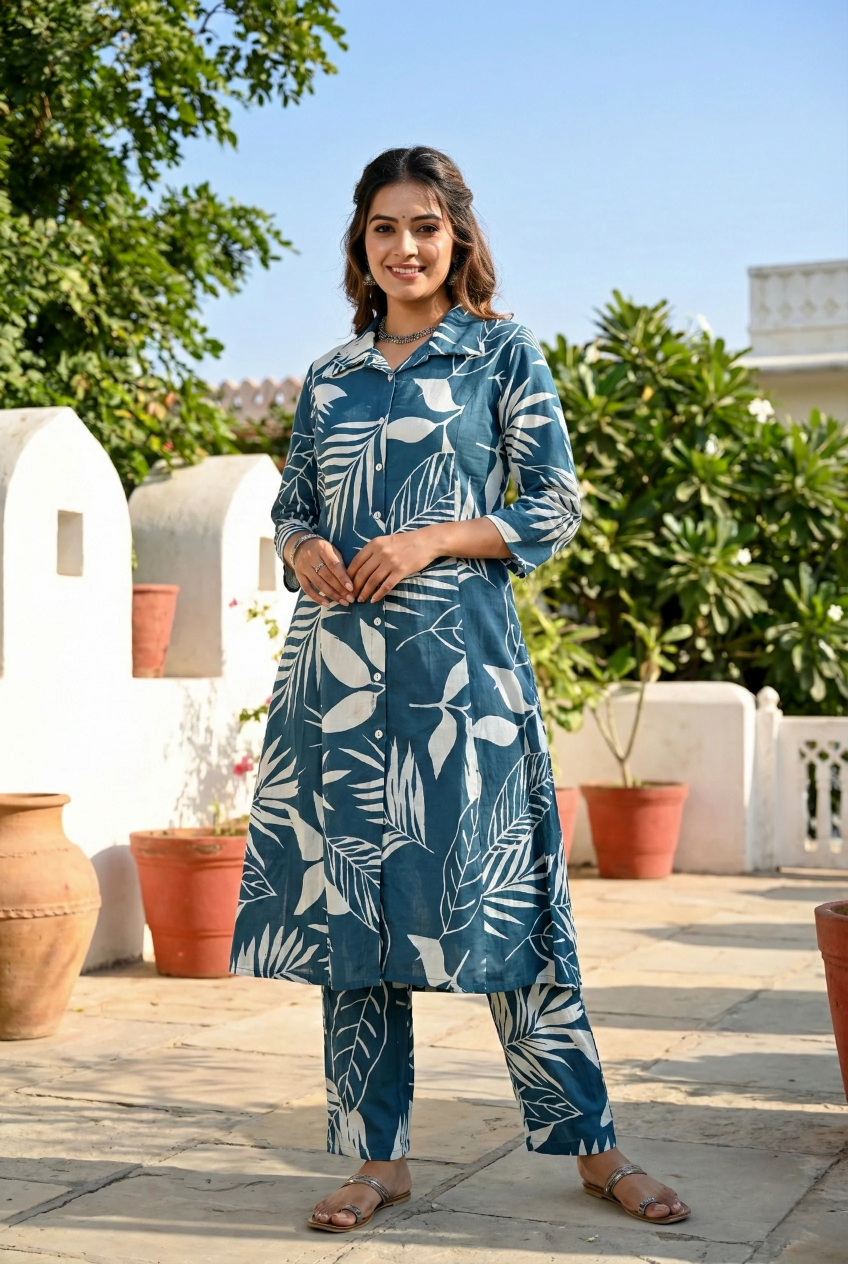 Teal Cotton Heavy Floral Printed Two Piece Set