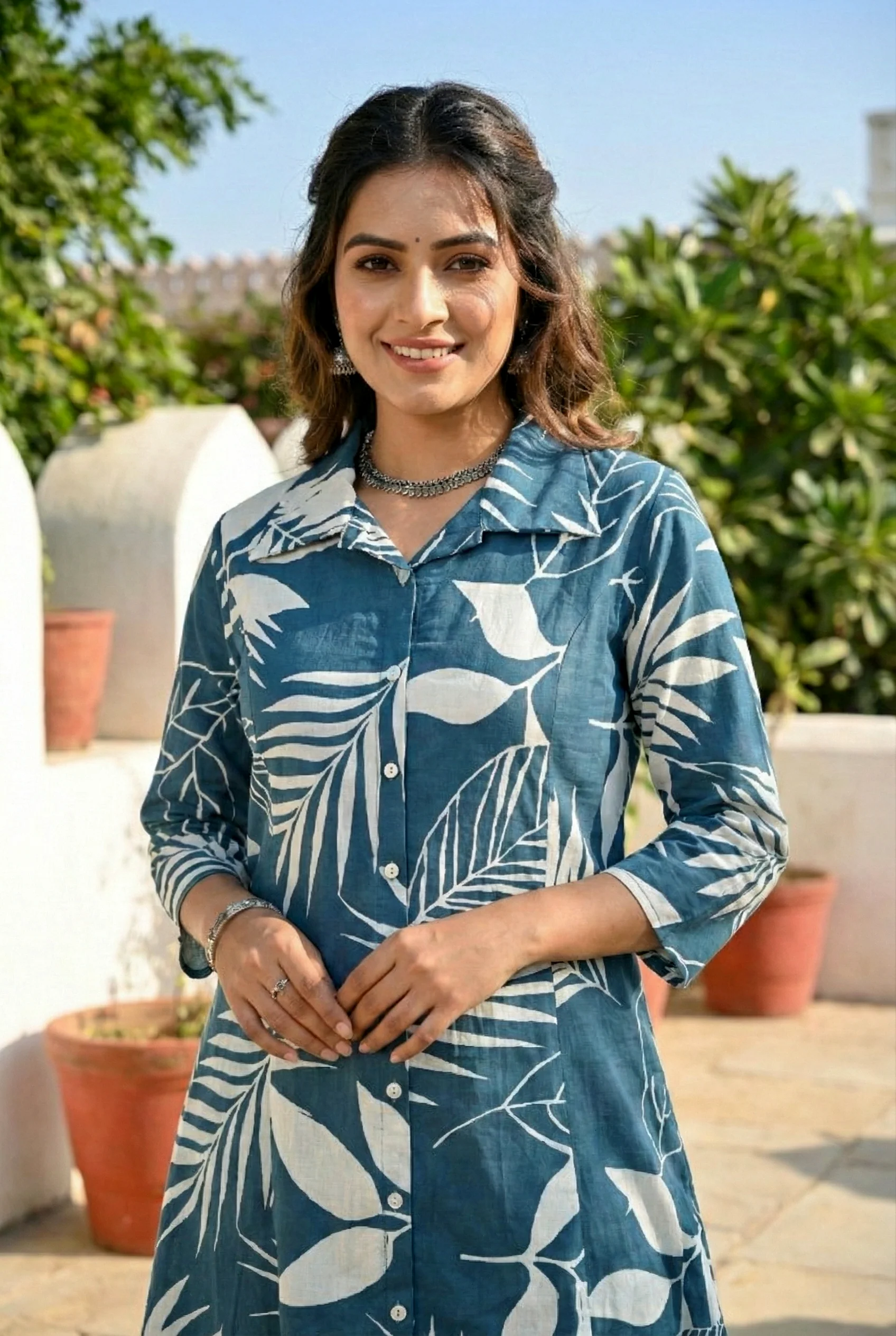 Teal Cotton Heavy Floral Printed Two Piece Set - Image 3