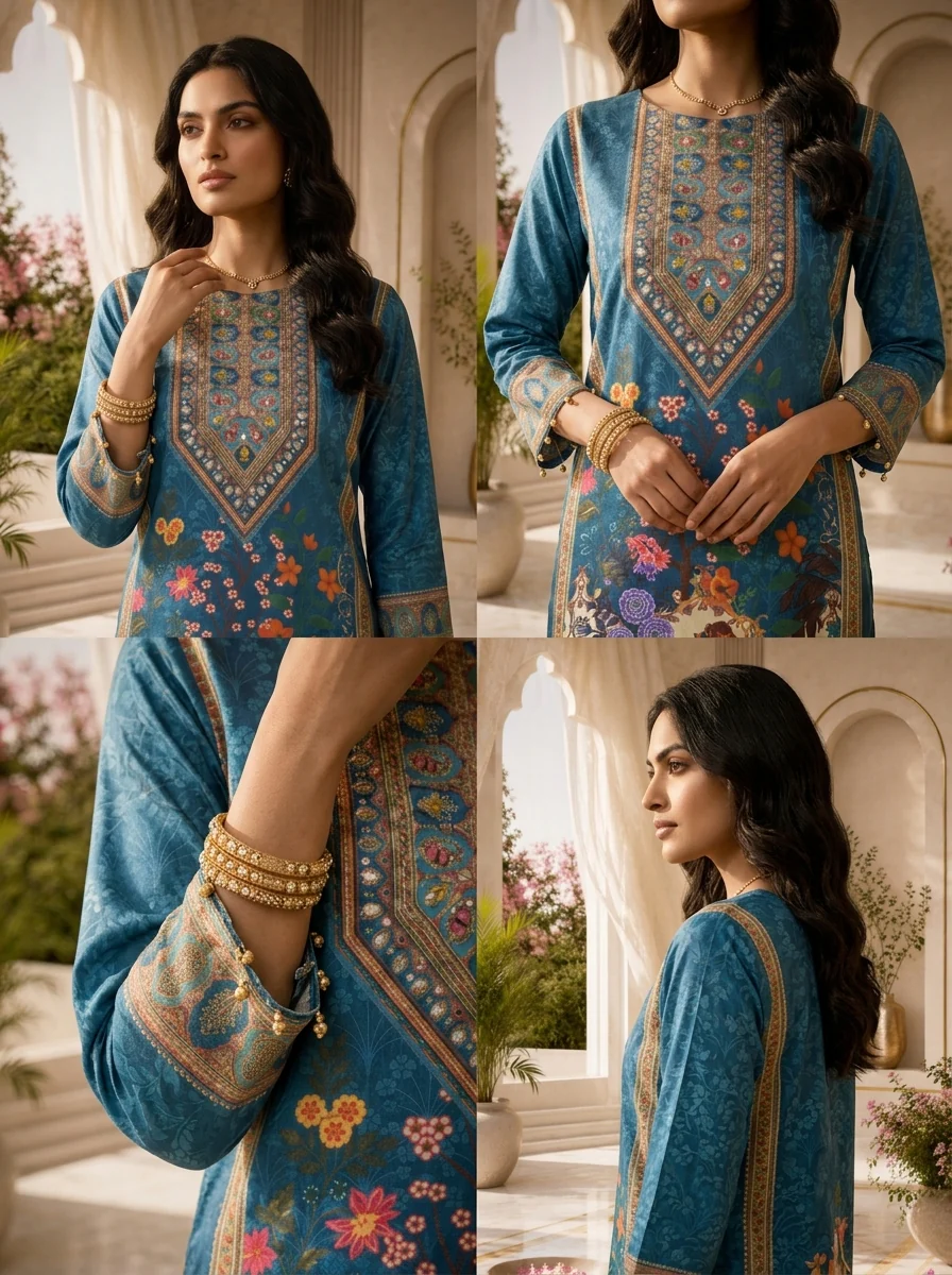 Teal Crepe Paisley Digital Printed Three Piece Set - Image 5