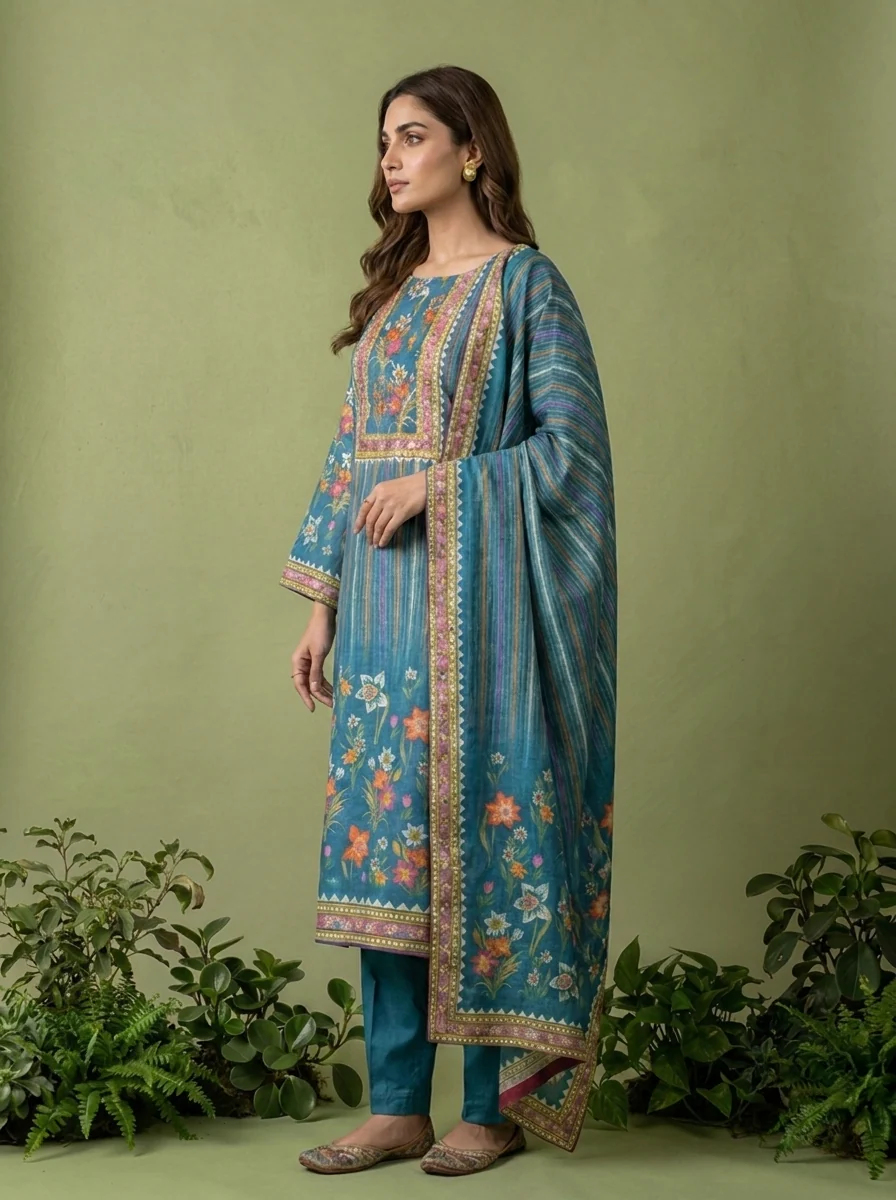Teal Floral Printed Muslin Three Piece Set - Image 4