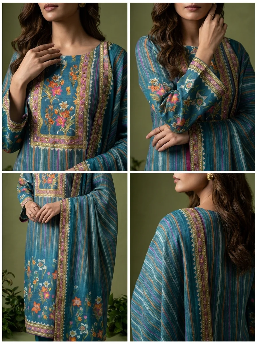 Teal Floral Printed Muslin Three Piece Set - Image 5