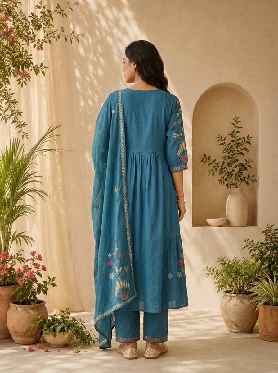 Teal Pleated Design And Floral Printed Cotton Three Piece Set - Image 2