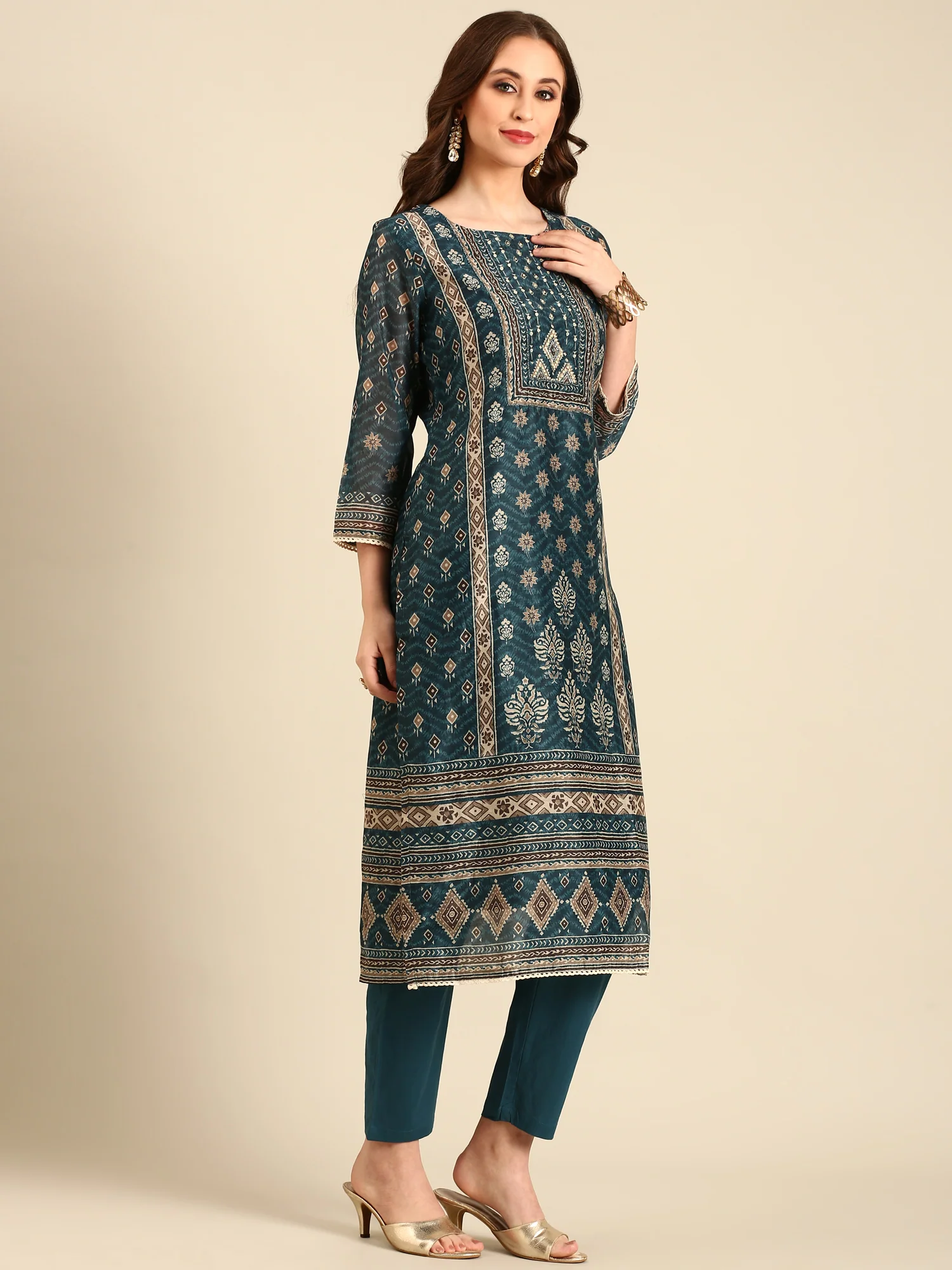 Teal printed three piece suit set - Image 2