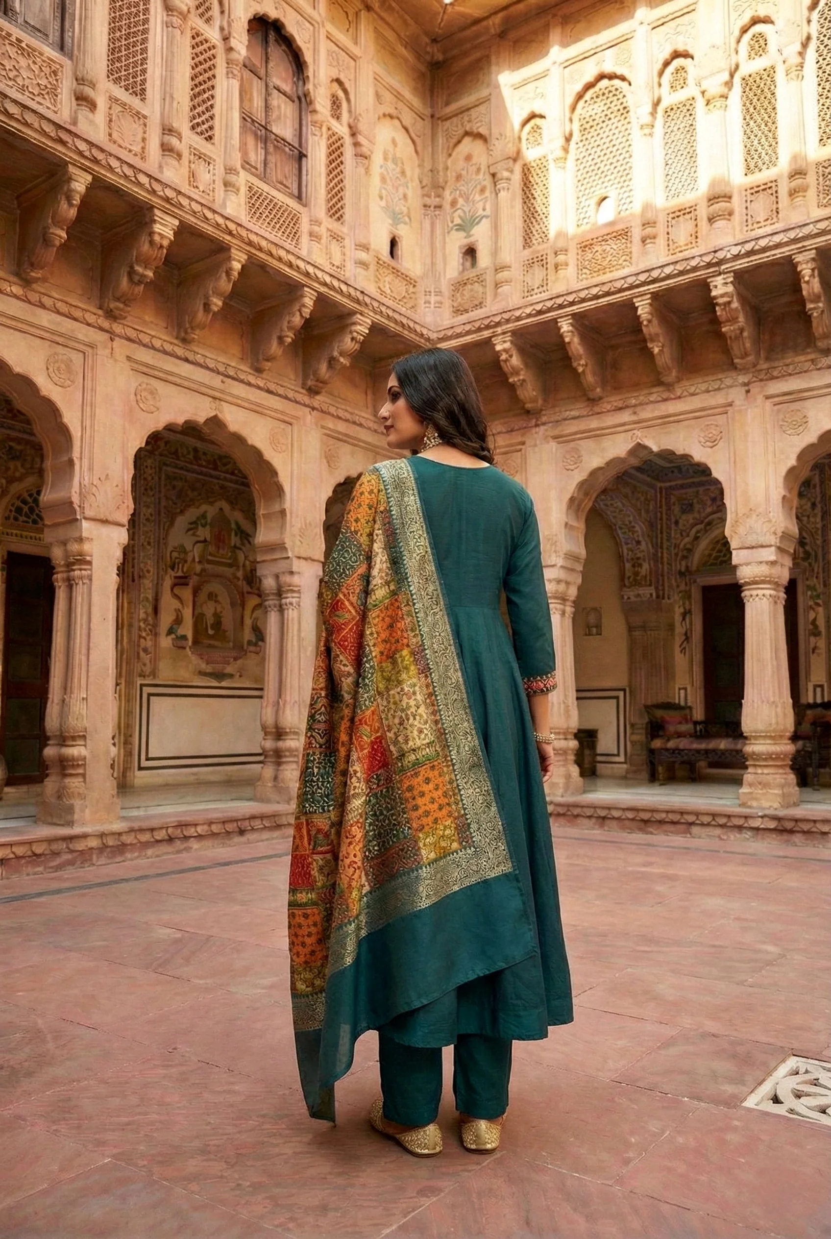 Teal Silk With Zari Embroidery And Digital Printed Suit Set - Image 3