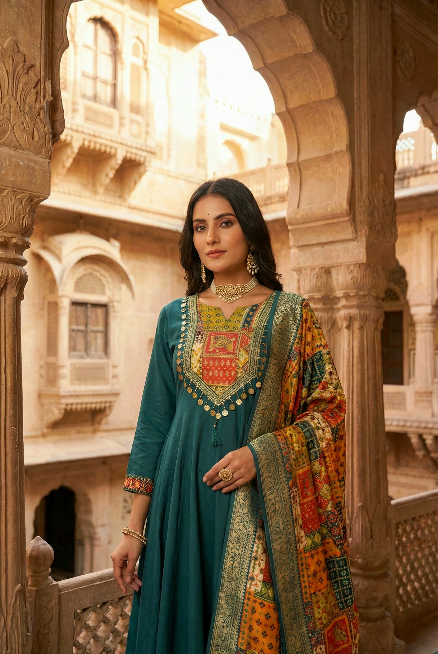 Teal Silk With Zari Embroidery And Digital Printed Suit Set - Image 4