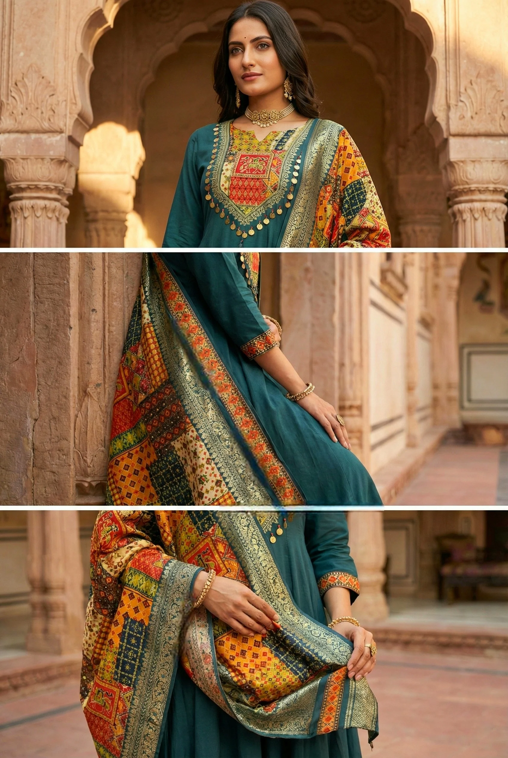 Teal Silk With Zari Embroidery And Digital Printed Suit Set - Image 5
