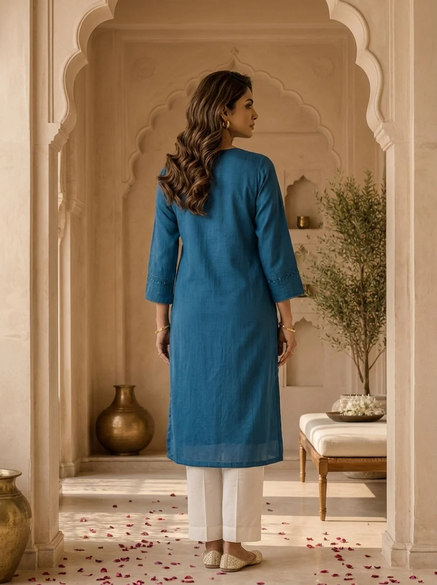 TealBlue Hand Embroidery And Solid Design Chinon Kurta - Image 2