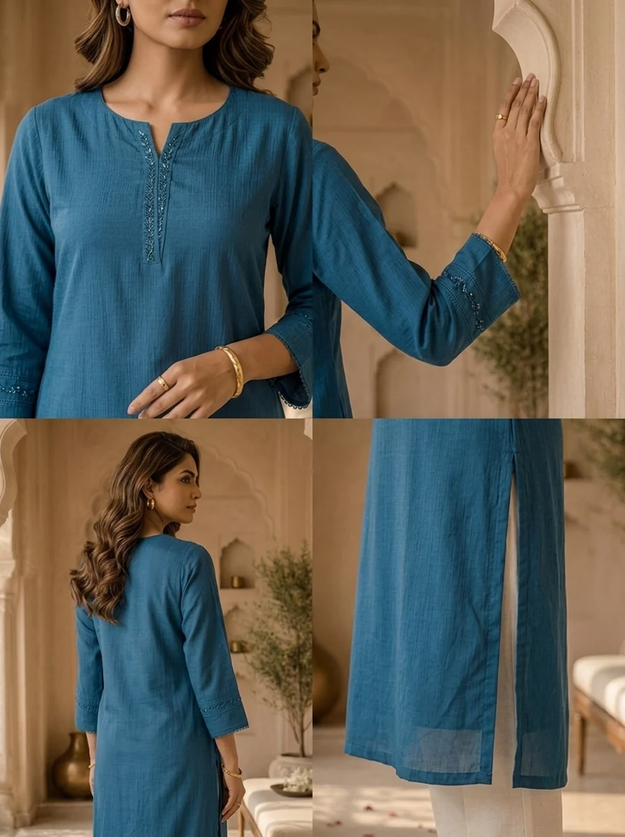 TealBlue Hand Embroidery And Solid Design Chinon Kurta - Image 5
