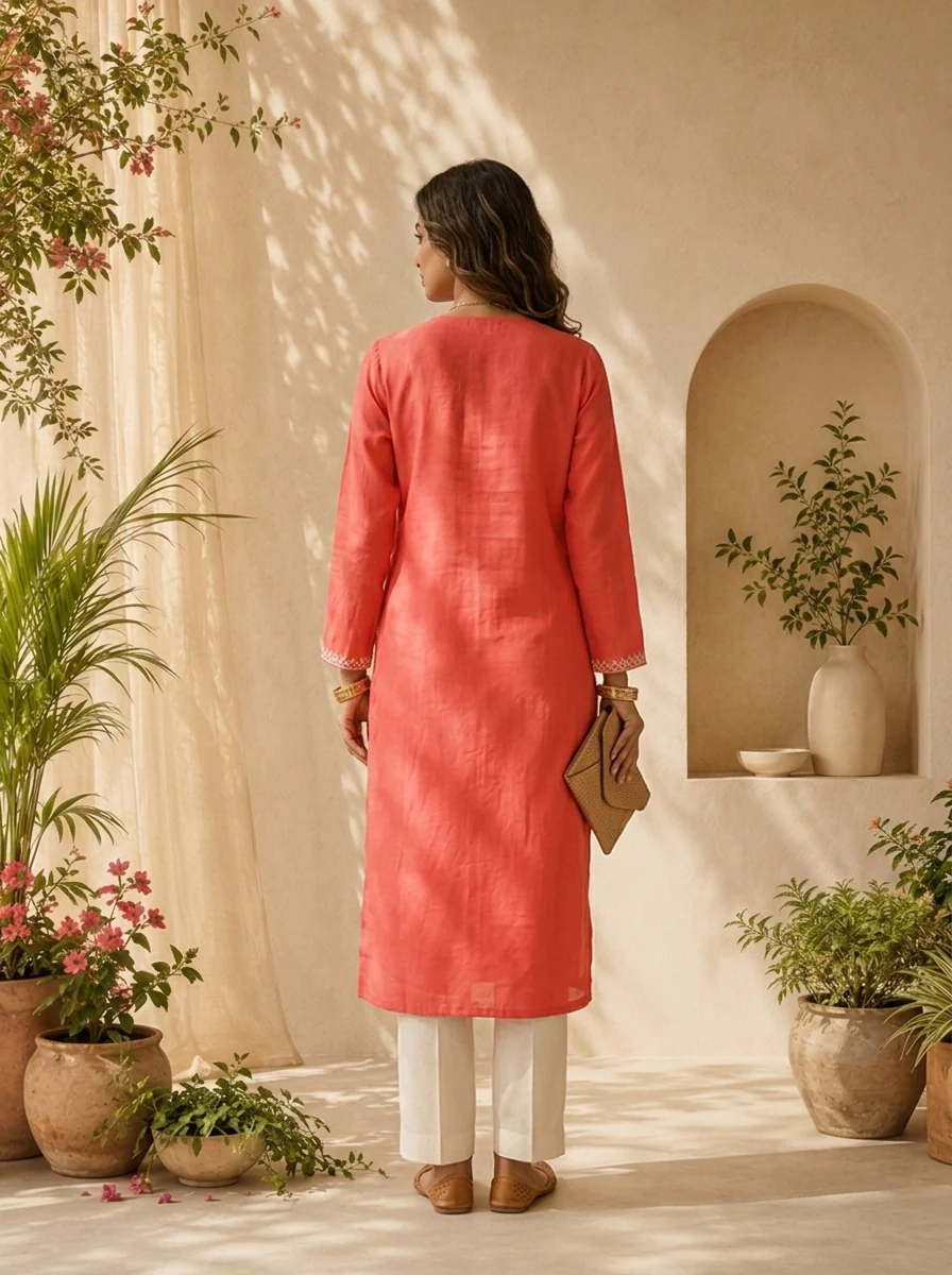Tomato Modal Hand Thread Embroidery Kurta - Image 2