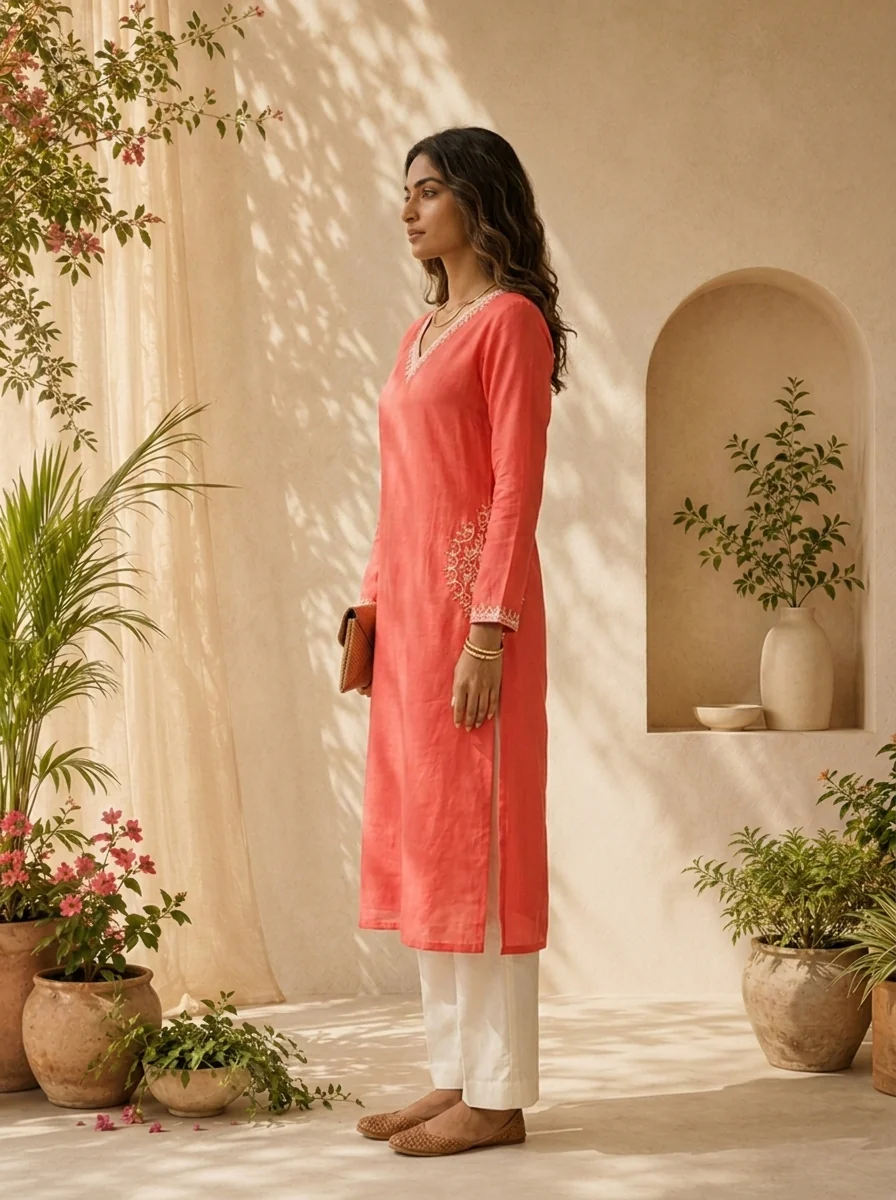 Tomato Modal Hand Thread Embroidery Kurta - Image 3