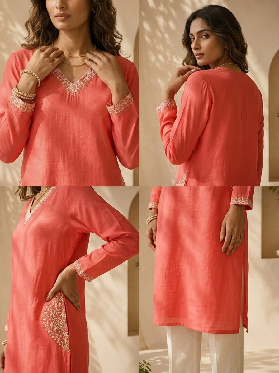 Tomato Modal Hand Thread Embroidery Kurta - Image 5
