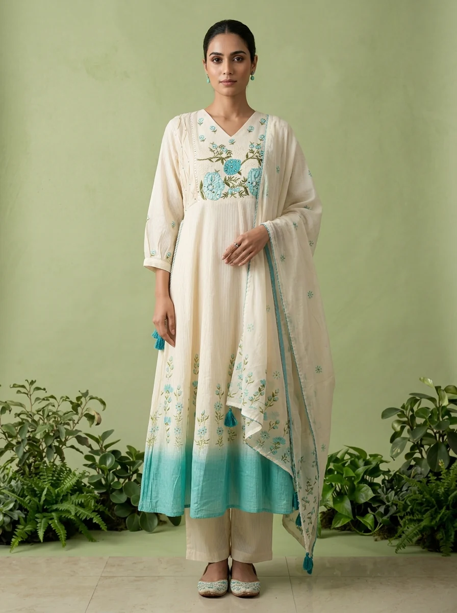 Turquoise Cotton Floral Thread Embroidered Three Piece Set - Image 2