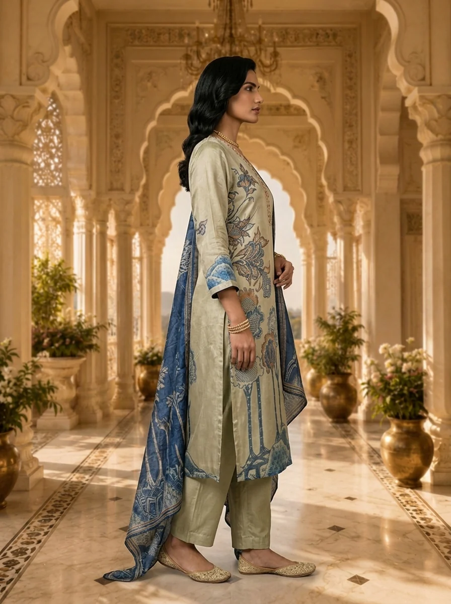 Tussar Crepe Floral Printed Three Piece Set - Image 4