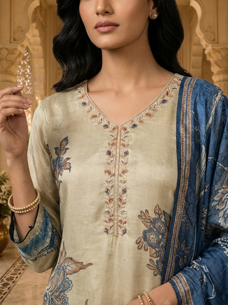Tussar Crepe Floral Printed Three Piece Set - Image 5