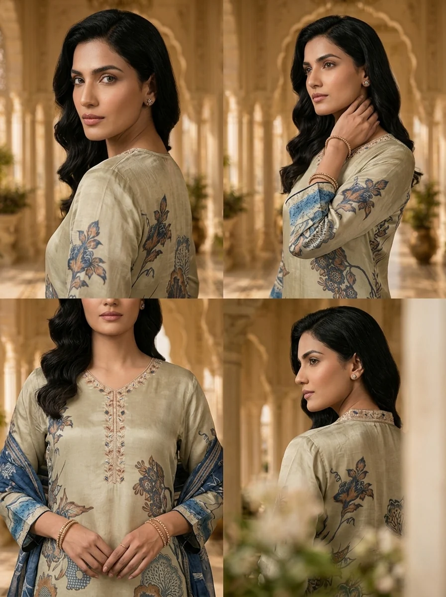 Tussar Crepe Floral Printed Three Piece Set - Image 6