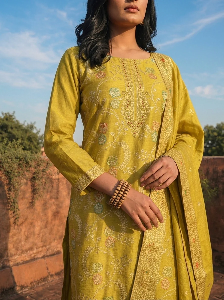 Variyali Green Banaras Silk Scrolling Creeper Pattern Weaved Three Piece Set - Image 4