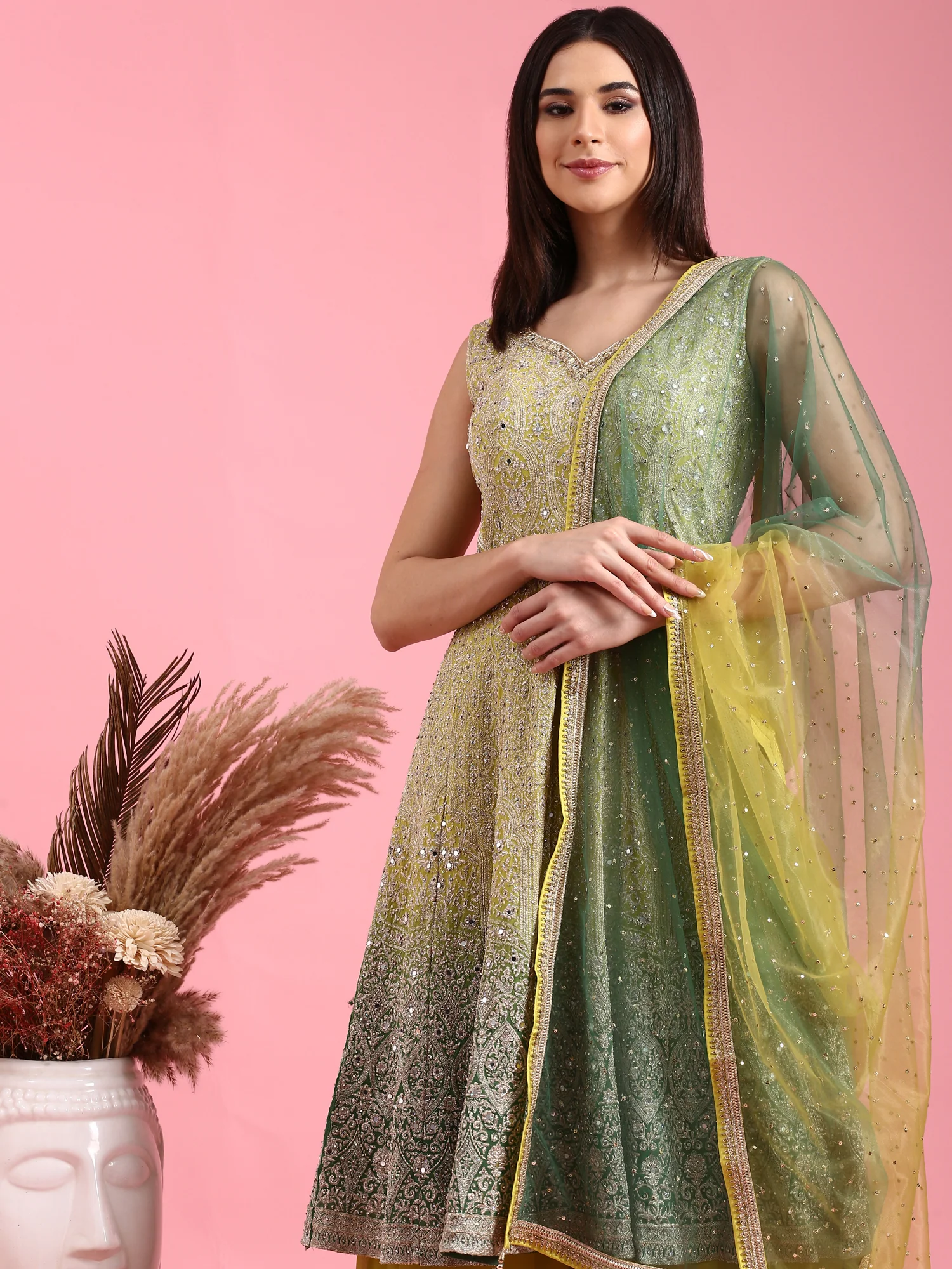 Variyali Green Heavily Embroidered Short Kali Palazzo Suit - Image 2