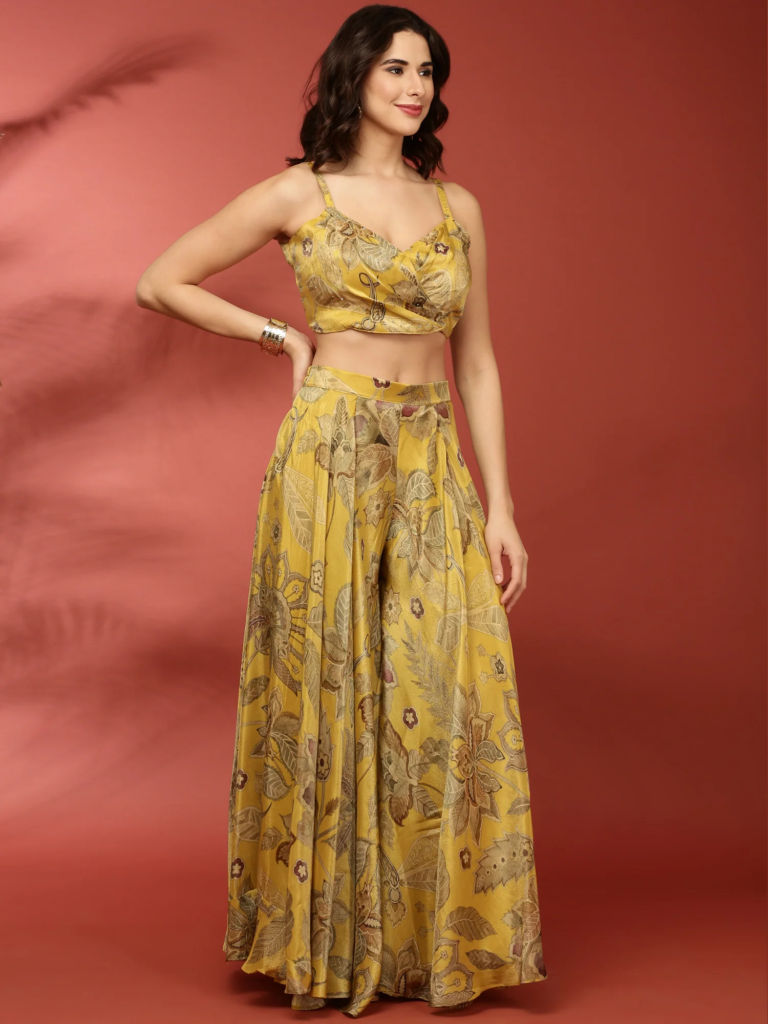 Variyali Green Organza Crop Top Palazzo Set - Image 5
