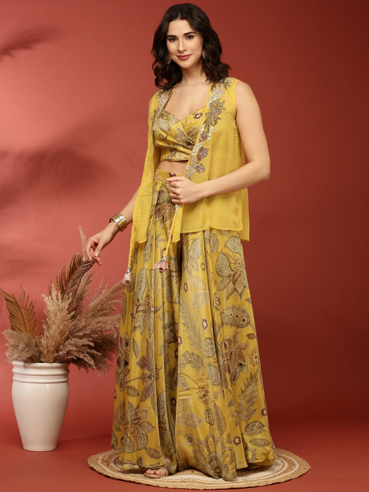 Variyali Green Organza Crop Top Palazzo Set - Image 6