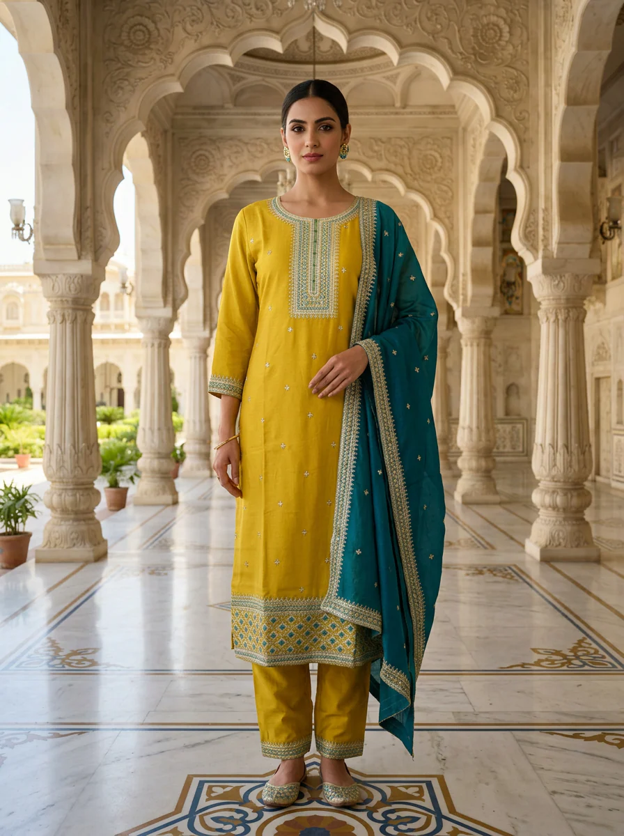 Variyali Green Silk Aari And Floral Thread Embroidery Three Piece Set