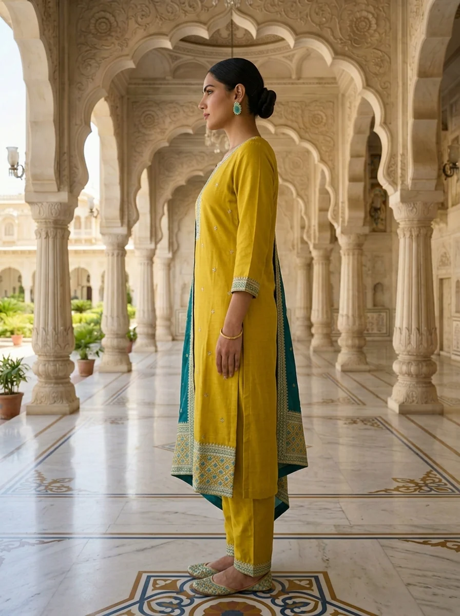 Variyali Green Silk Aari And Floral Thread Embroidery Three Piece Set - Image 2