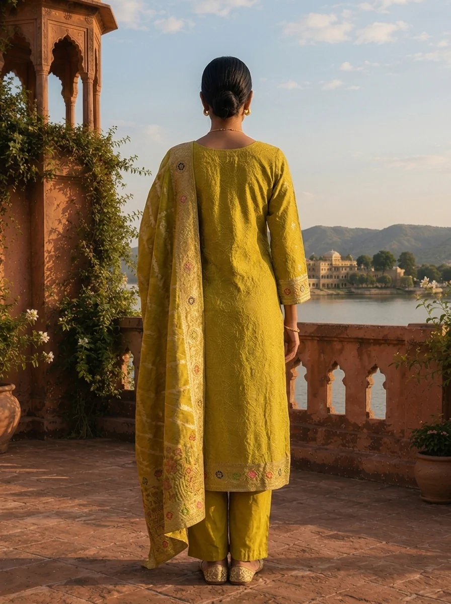 Variyali Green Silk Botanical Garden Motifs Weaved Three Piece Set - Image 2